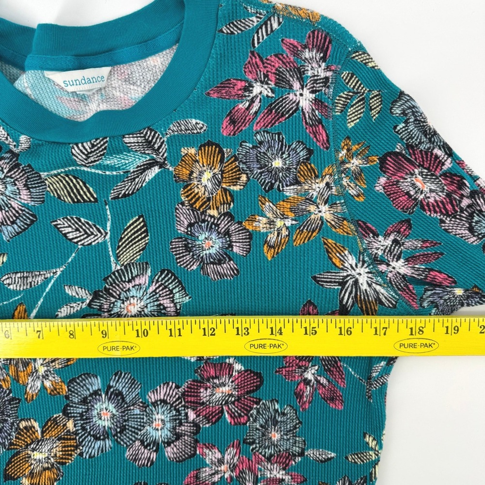 Sundance Thermal Knit Top Women Medium Teal Floral Waffle Long Sleeve Boho Cuffs - Picture 4 of 5